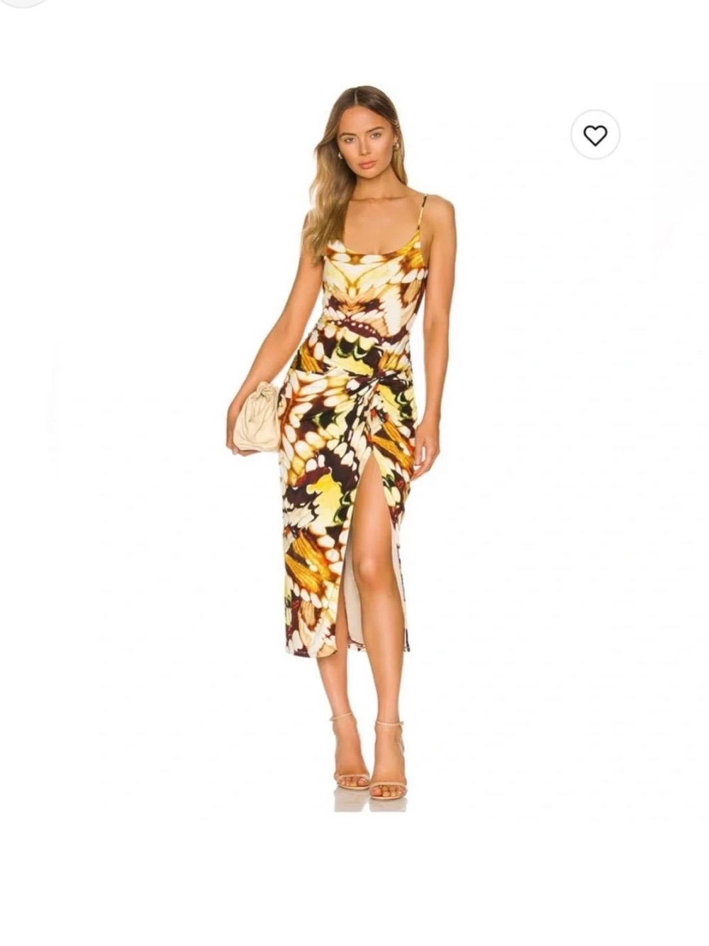 “Hours”” Yellow Multicolor Printed Polyester Slip Long Dress with Front Slit.